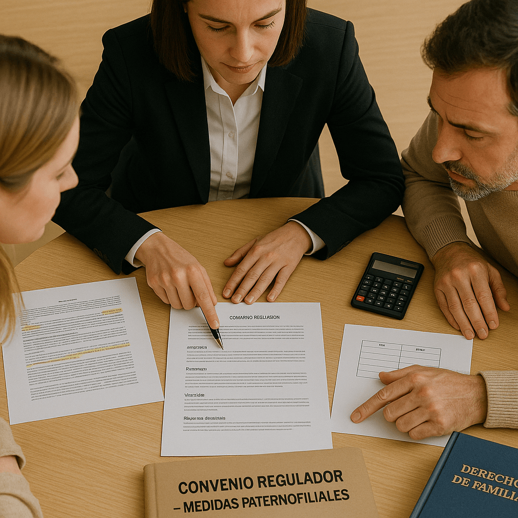Asesoramiento legal sobre convenio regulador en Leganés, abogado especialista en derecho de familia revisando con cliente medidas sobre custodia, pensiones alimenticias, vivienda y régimen de visitas