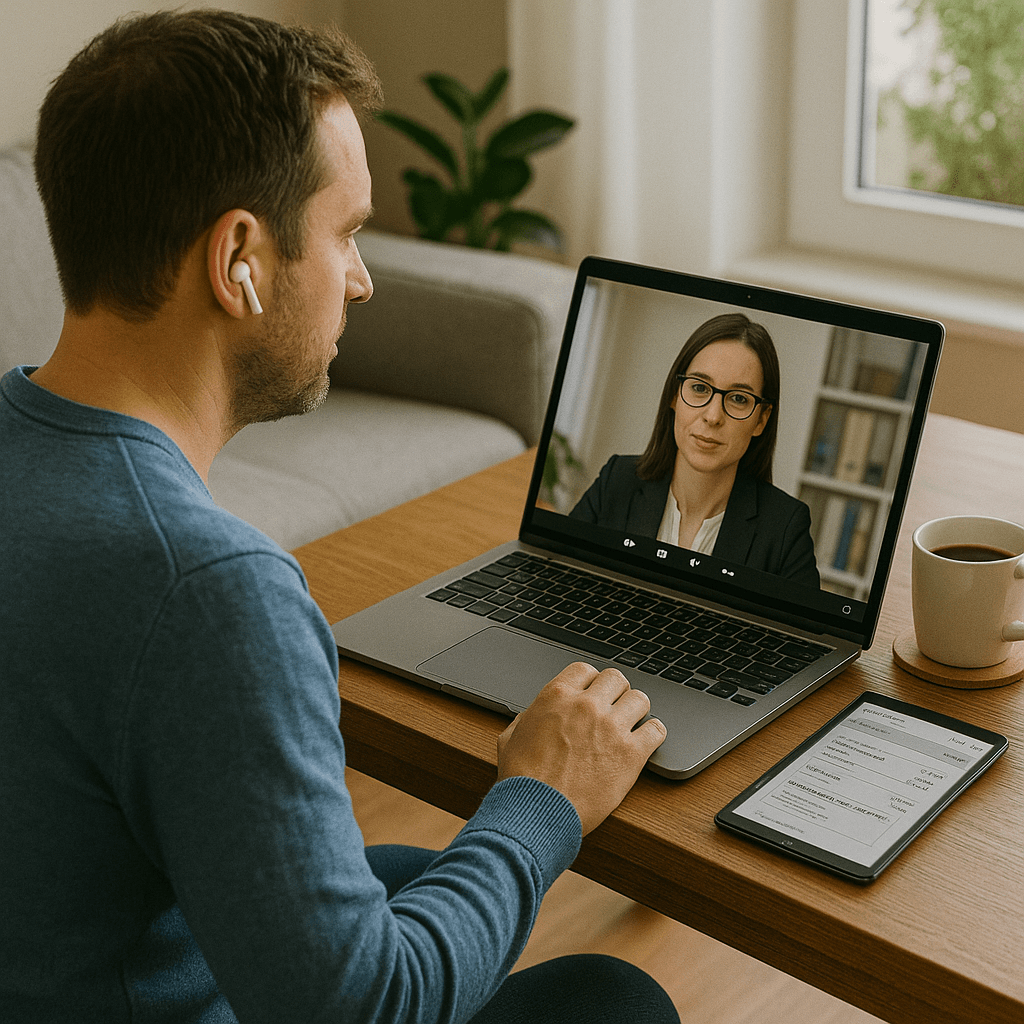 Servicio de divorcio online en Leganés, cliente realizando videoconsulta con abogado de familia desde su hogar, gestión digital de documentación matrimonial y firma electrónica